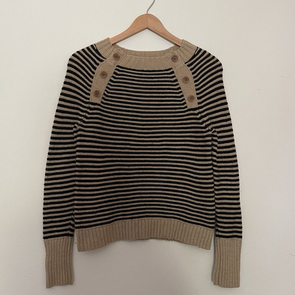 J Crew Women’s Lambs Wool Blend Sweater XS Tan Black Stripe Preppy Academia